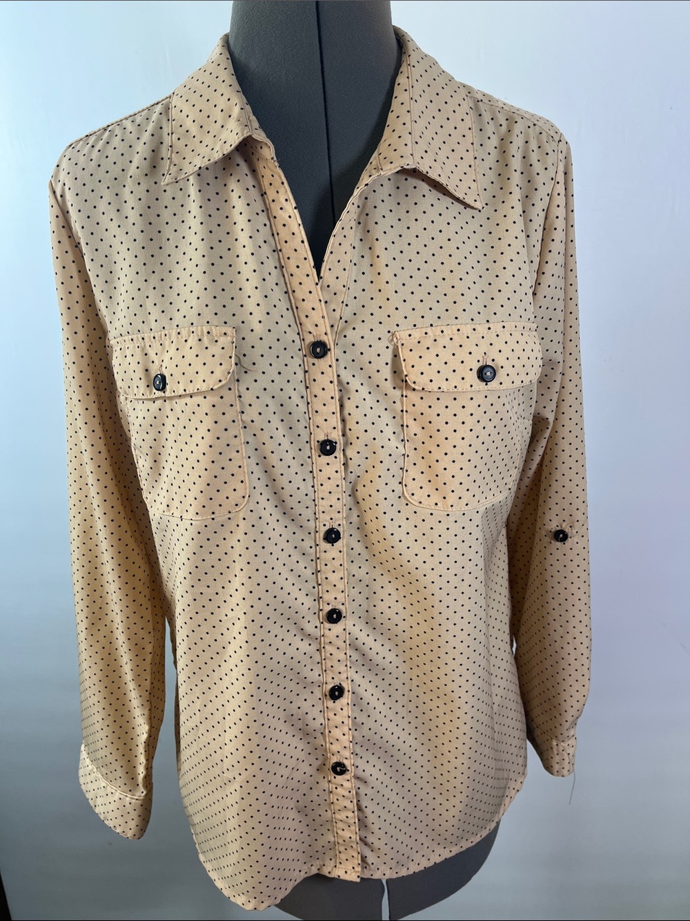 Classic Beige Polka Dot Button-Up Casual Top/Blouse
